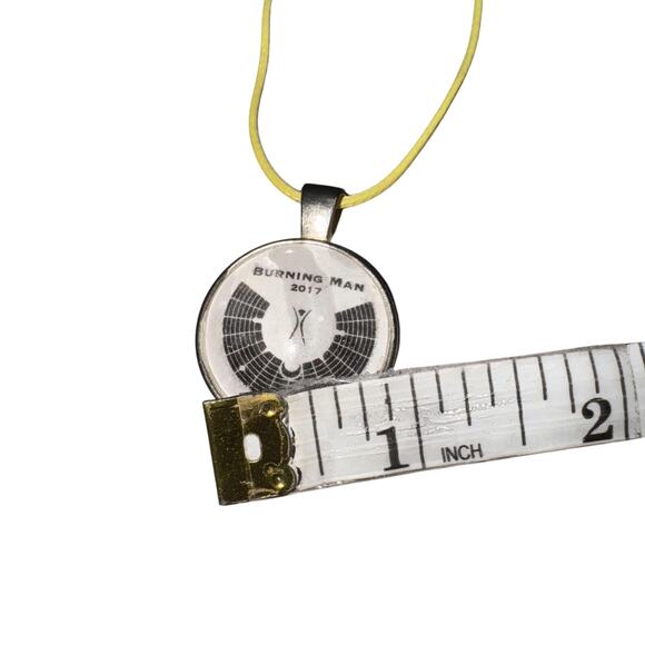 Burning Man 2017 Pendant Necklace Round Map Logo Silvertone Yellow Cord Souvenir - Picture 4 of 5